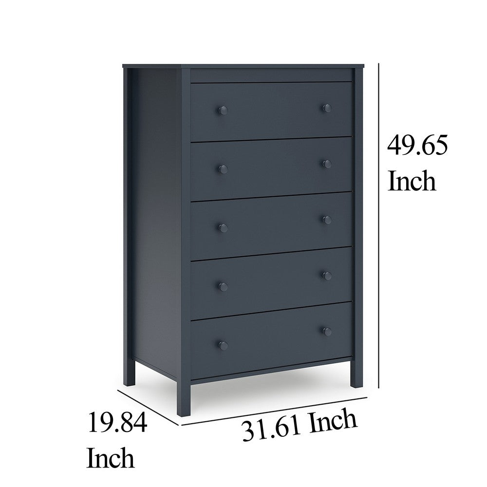 Benjara Cian Tall Dresser Chest, 5 Drawers, Knobs, Navy Blue Wood, 50 Inch