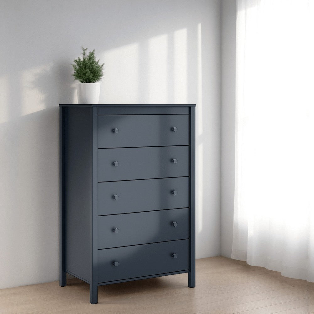 Benjara Cian Tall Dresser Chest, 5 Drawers, Knobs, Navy Blue Wood, 50 Inch