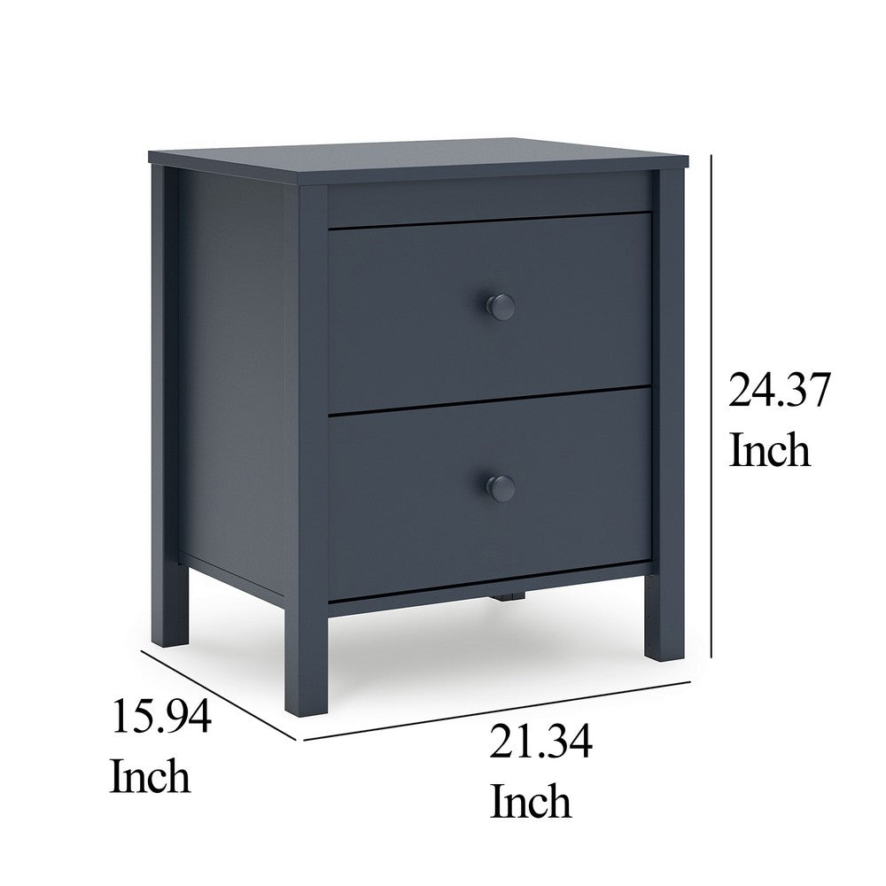 Benjara Cian Nightstand, 2 Drawers, Navy Blue Wood, Knob Handles, 24 Inch