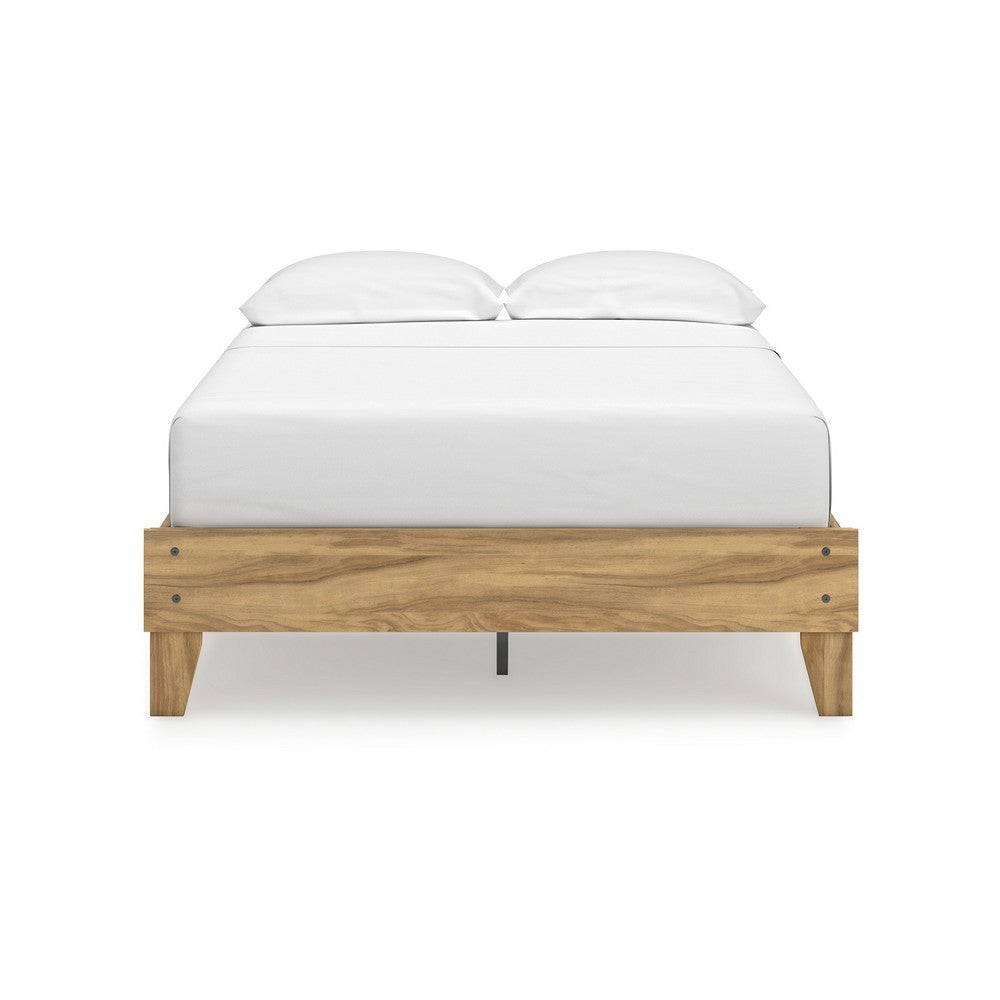 Benjara Maci Full Platform Bed, Natural Light Brown Wood, Low Profile Legs