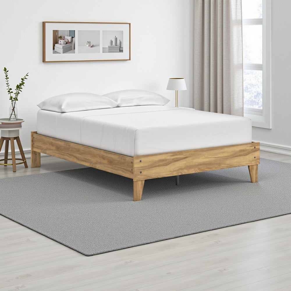 Benjara Maci Full Platform Bed, Natural Light Brown Wood, Low Profile Legs
