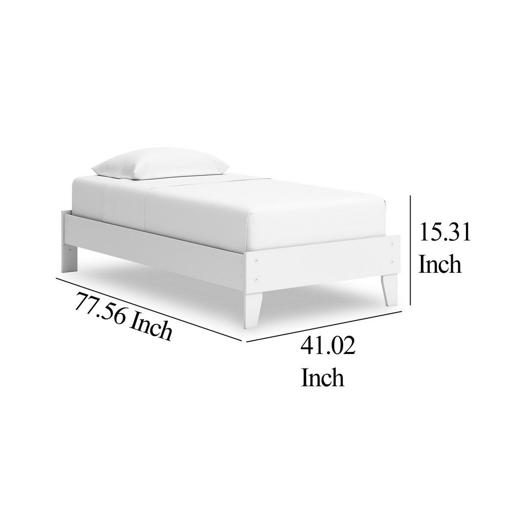 Benjara Kally Twin Platform Bed, Matte White Wood, Low Profile Tapered Legs