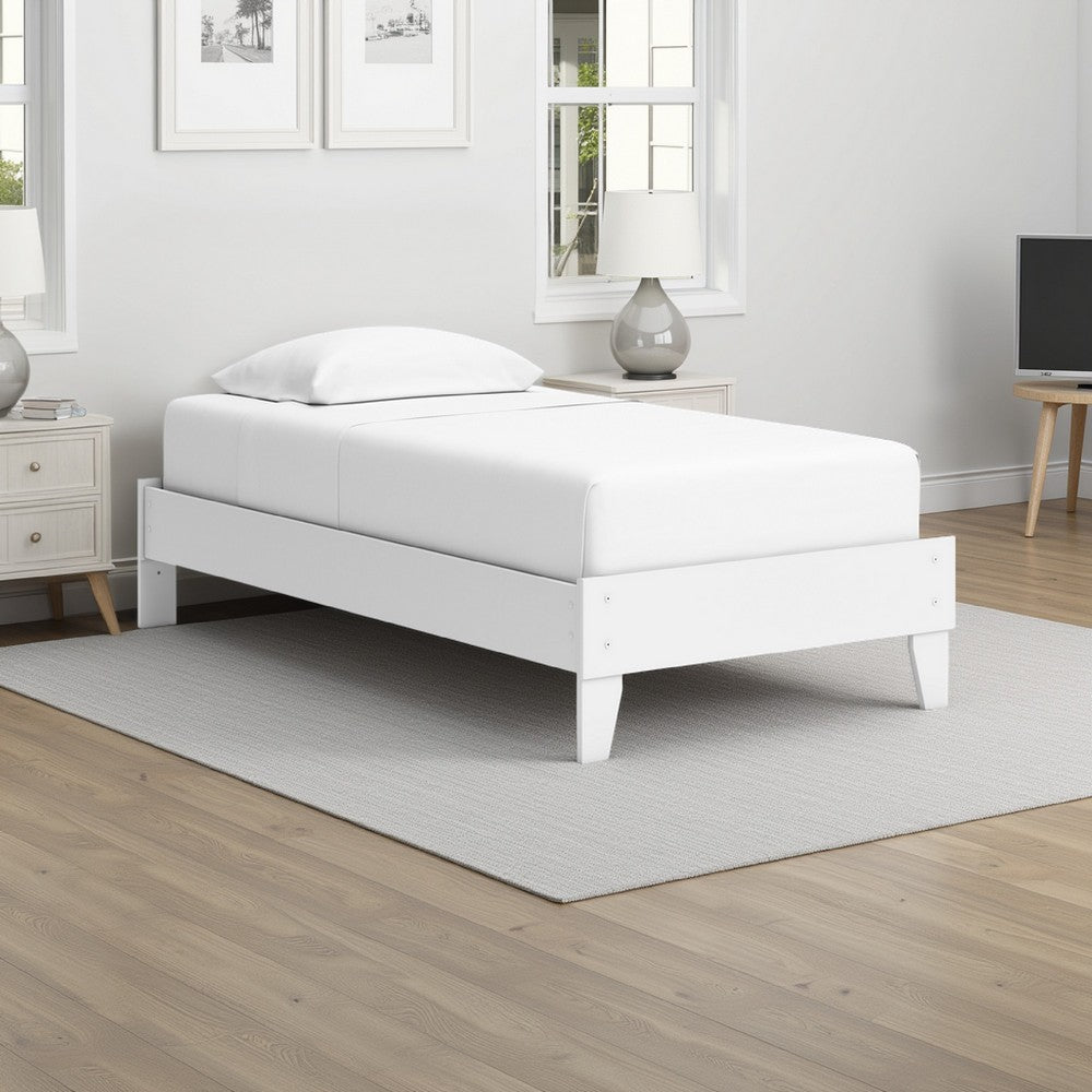 Benjara Kally Twin Platform Bed, Matte White Wood, Low Profile Tapered Legs