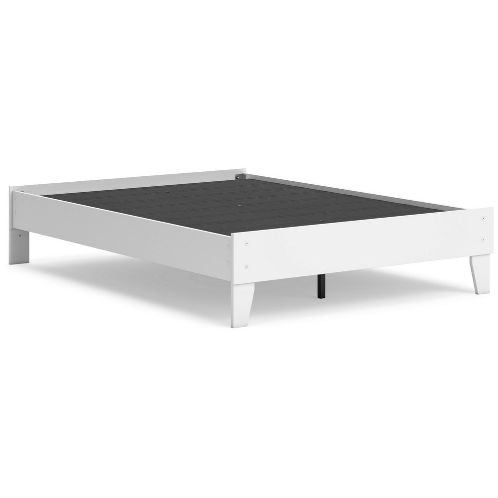 Benjara Kally Full Platform Bed, Matte White Wood, Low Profile Tapered Legs