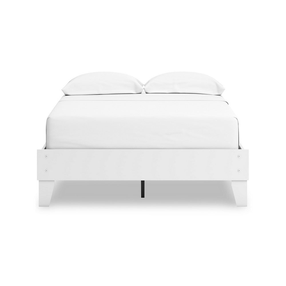 Benjara Kally Full Platform Bed, Matte White Wood, Low Profile Tapered Legs