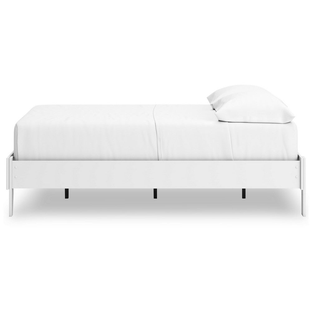 Benjara Kally Full Platform Bed, Matte White Wood, Low Profile Tapered Legs