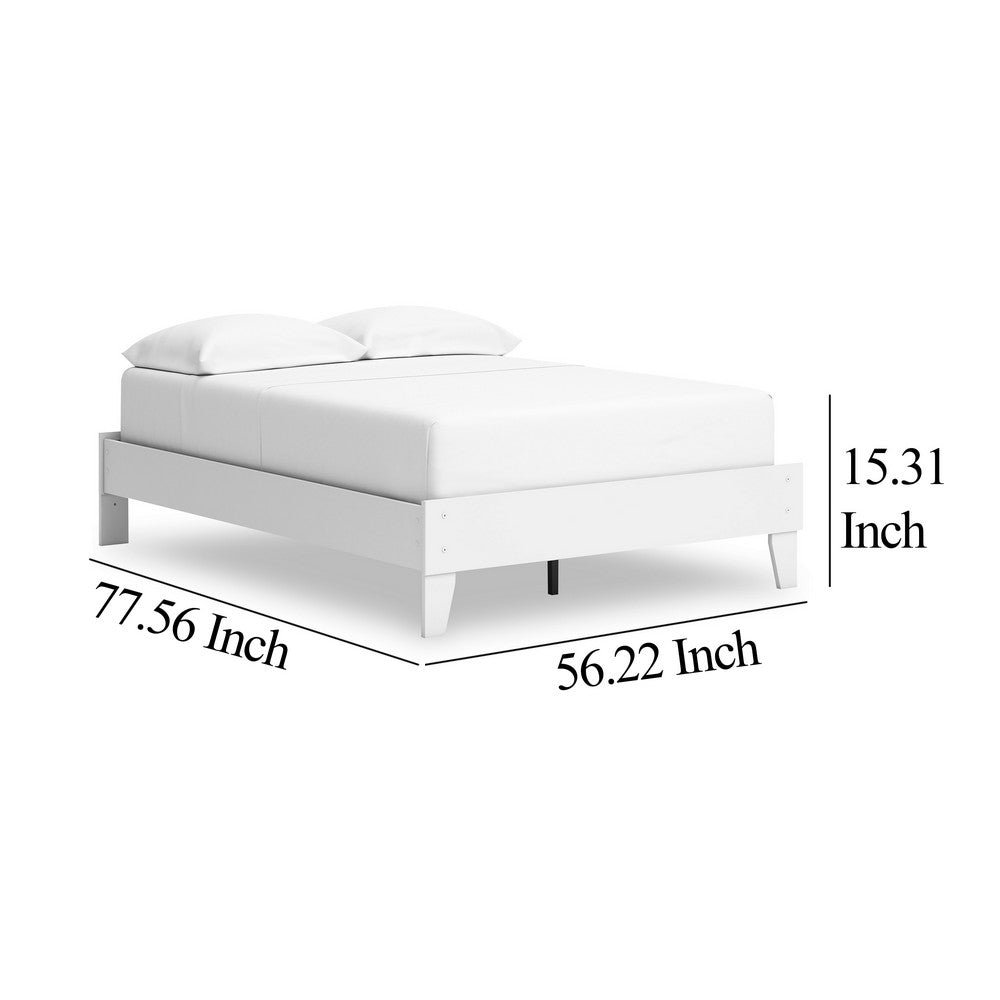 Benjara Kally Full Platform Bed, Matte White Wood, Low Profile Tapered Legs