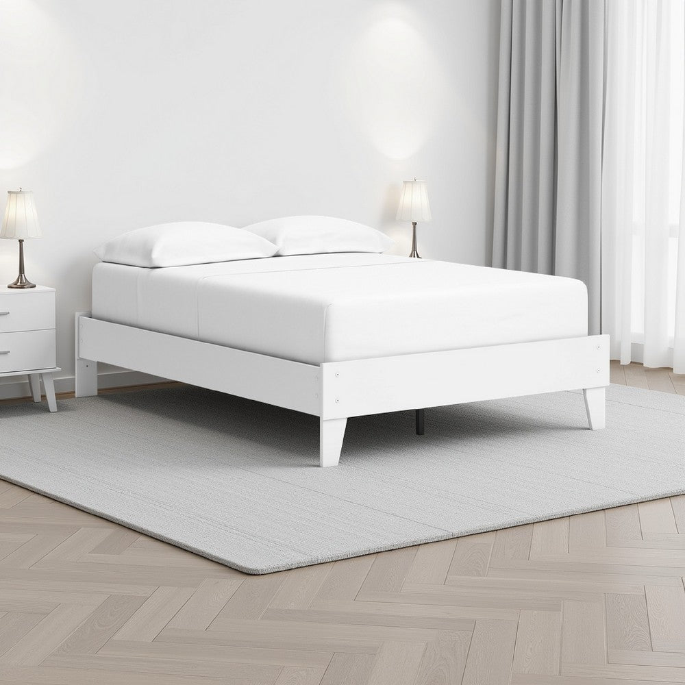 Benjara Kally Full Platform Bed, Matte White Wood, Low Profile Tapered Legs