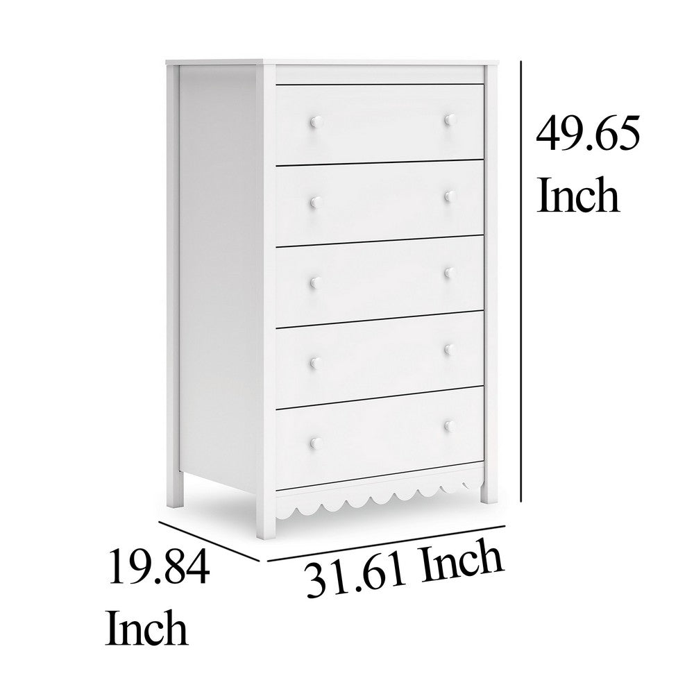 Benjara Kally Tall Dresser Chest, 5 Drawers, Modern Matte White Wood, 50 Inch