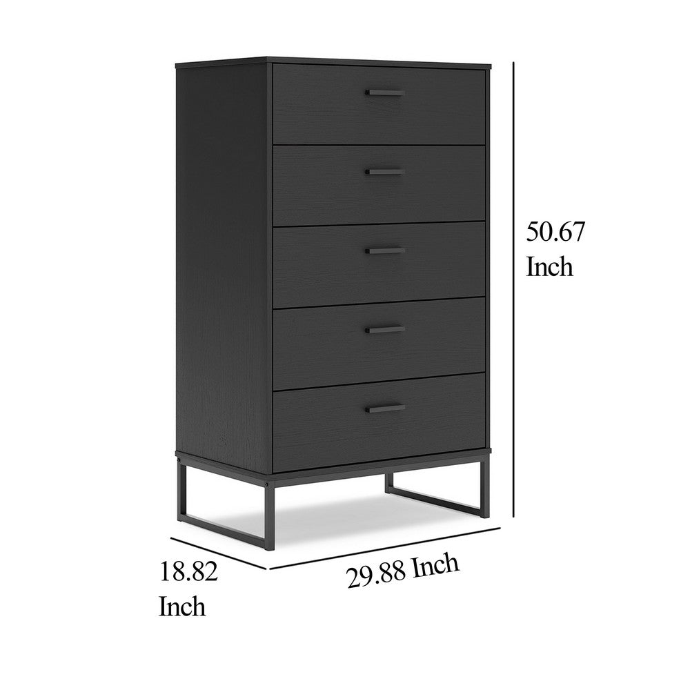 Benjara Alli Tall Dresser Chest, 5 Drawers, Matte Black, Metal Base, 51 Inch