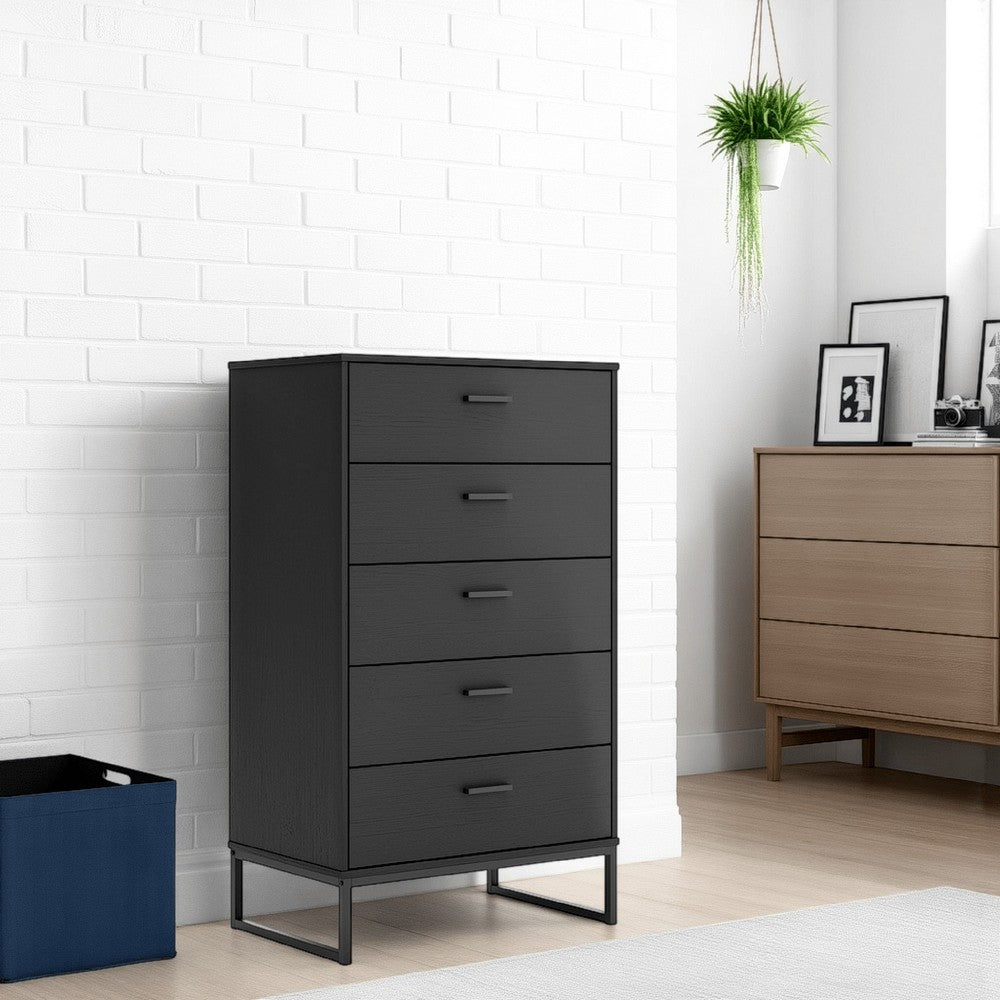 Benjara Alli Tall Dresser Chest, 5 Drawers, Matte Black, Metal Base, 51 Inch