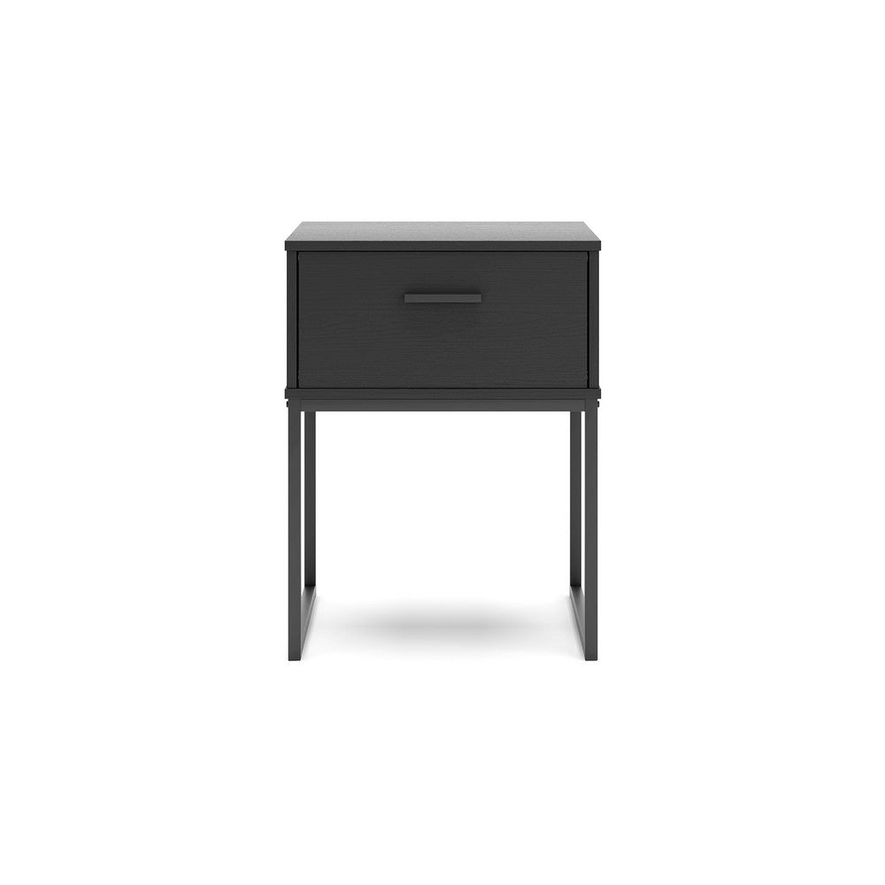 Benjara Alli Nightstand, 1 Drawer, Matte Black Wood, Metal Base, 26 Inch