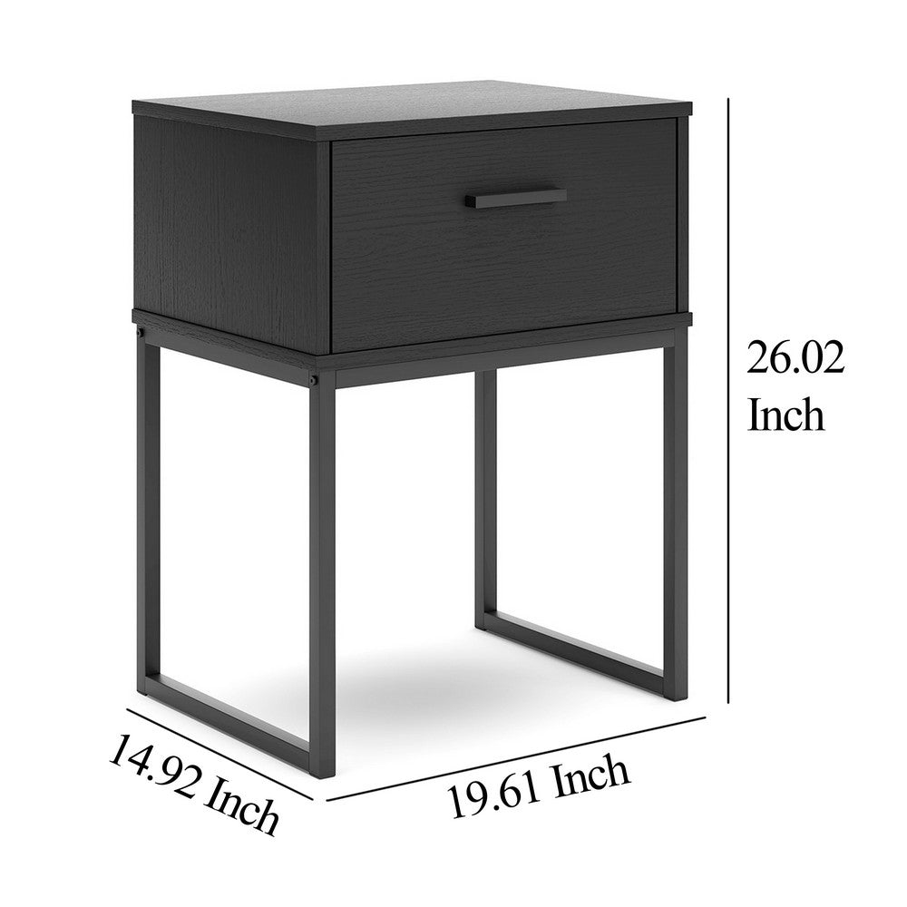 Benjara Alli Nightstand, 1 Drawer, Matte Black Wood, Metal Base, 26 Inch