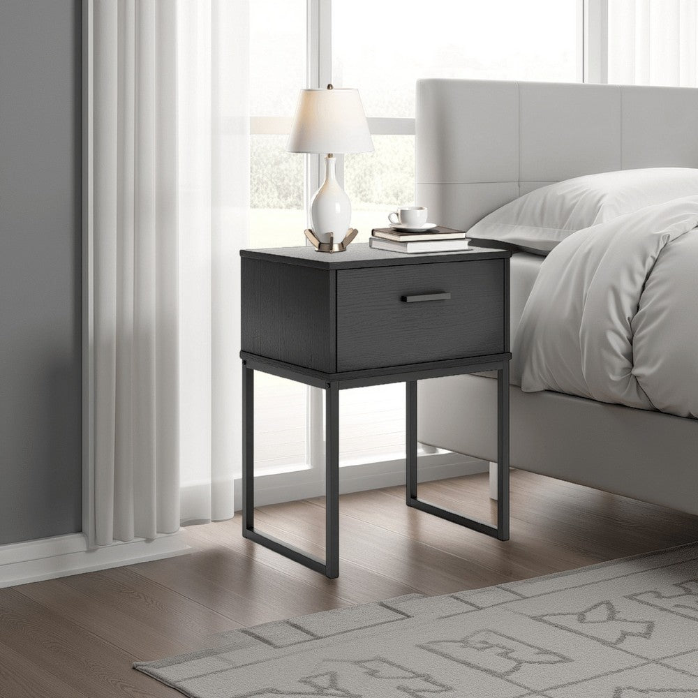 Benjara Alli Nightstand, 1 Drawer, Matte Black Wood, Metal Base, 26 Inch