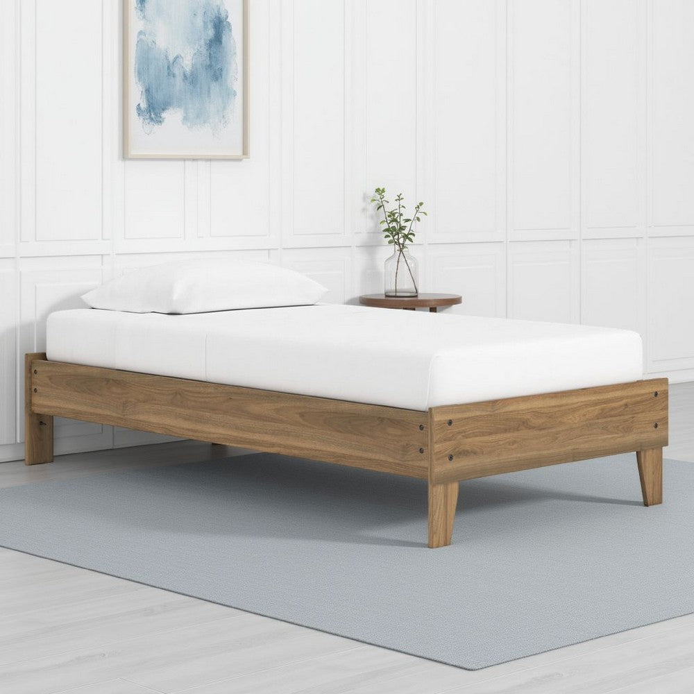 Benjara Deana Twin Platform Bed, Honey Brown Wood, Low Profile Tapered Legs