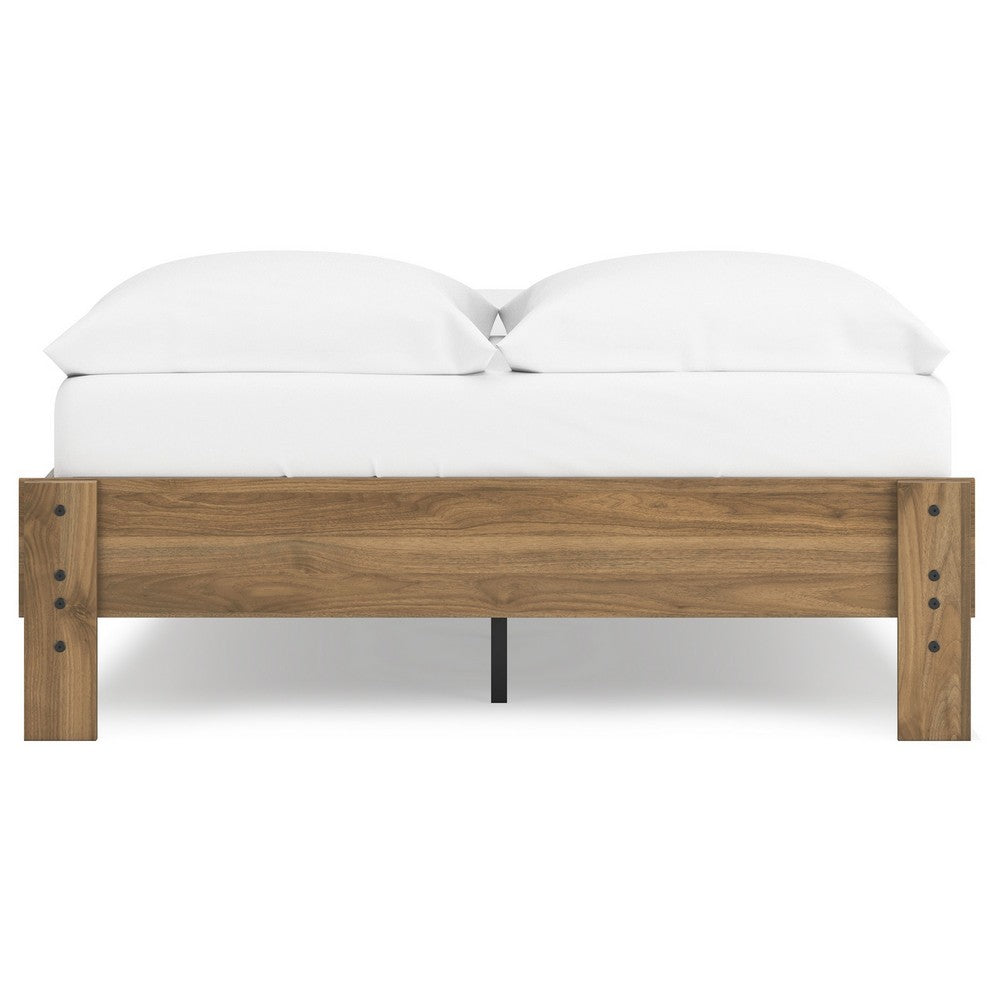 Benjara Deana Full Platform Bed, Honey Brown Wood, Low Profile Tapered Legs