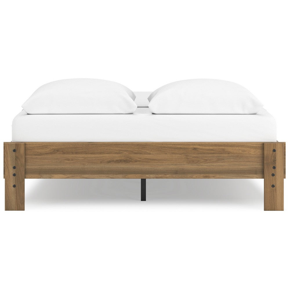 Benjara Deana Queen Platform Bed, Honey Brown Wood, Low Profile Tapered Legs