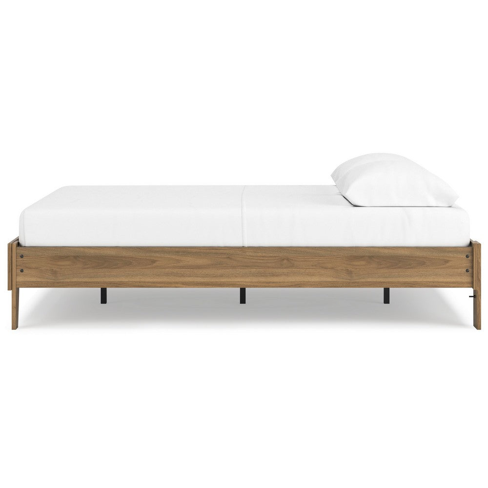 Benjara Deana Queen Platform Bed, Honey Brown Wood, Low Profile Tapered Legs