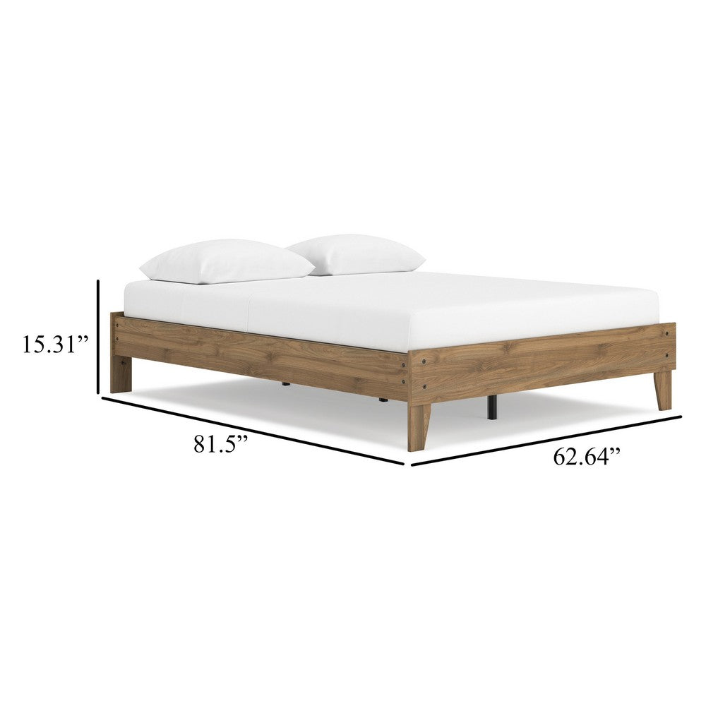 Benjara Deana Queen Platform Bed, Honey Brown Wood, Low Profile Tapered Legs