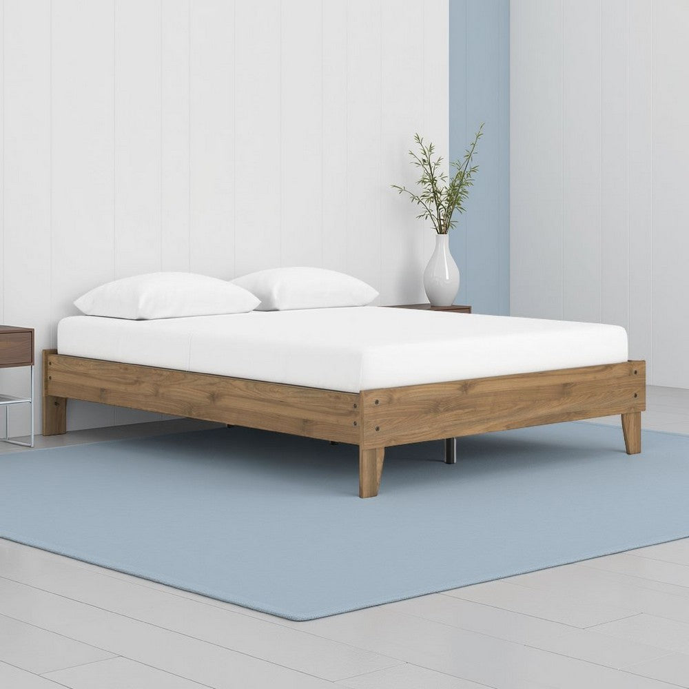 Benjara Deana Queen Platform Bed, Honey Brown Wood, Low Profile Tapered Legs