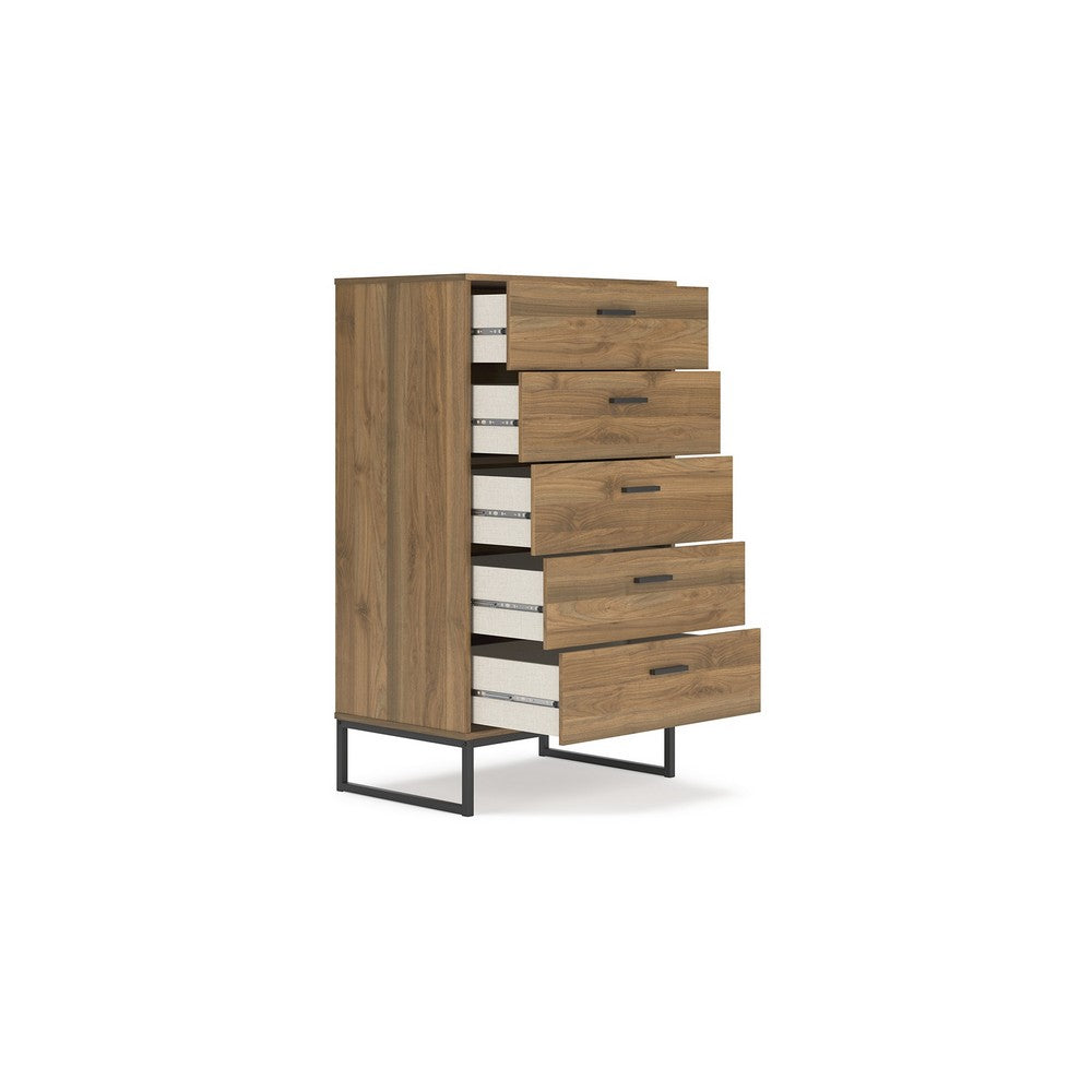 Benjara Deana Tall Dresser Chest, 5 Drawers, Brown Wood, Black Metal, 51 Inch