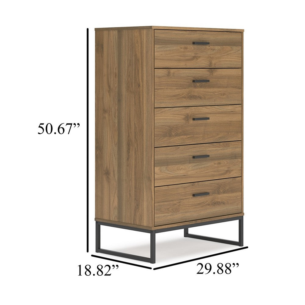 Benjara Deana Tall Dresser Chest, 5 Drawers, Brown Wood, Black Metal, 51 Inch