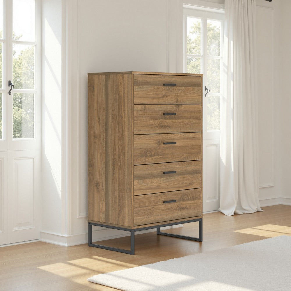 Benjara Deana Tall Dresser Chest, 5 Drawers, Brown Wood, Black Metal, 51 Inch
