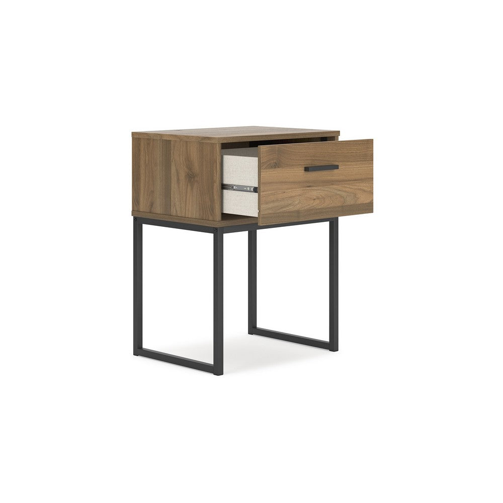 Benjara Deana Nightstand, 1 Drawer, Honey Brown Wood, Black Metal, 26 Inch