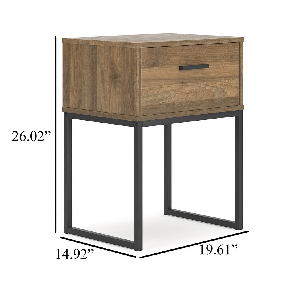 Benjara Deana Nightstand, 1 Drawer, Honey Brown Wood, Black Metal, 26 Inch