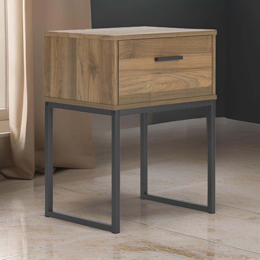 Benjara Deana Nightstand, 1 Drawer, Honey Brown Wood, Black Metal, 26 Inch