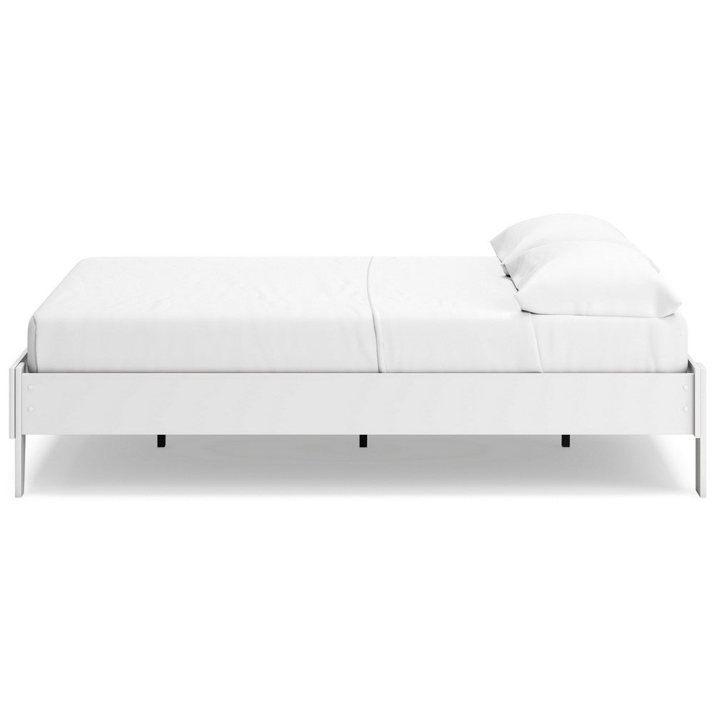 Benjara Alli Queen Size Platform Bed, Modern Matte White Wood, Low Profile