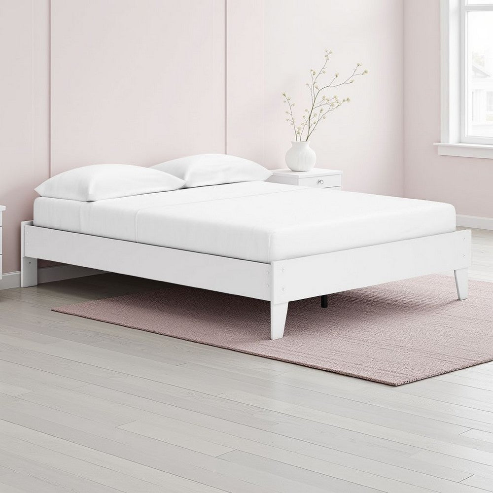 Benjara Alli Queen Size Platform Bed, Modern Matte White Wood, Low Profile