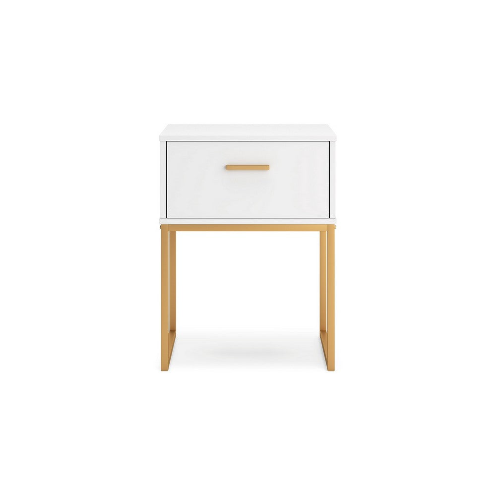Benjara Alli Nightstand, 1 Drawer, Matte White Wood, Gold Metal Legs, 26 Inch