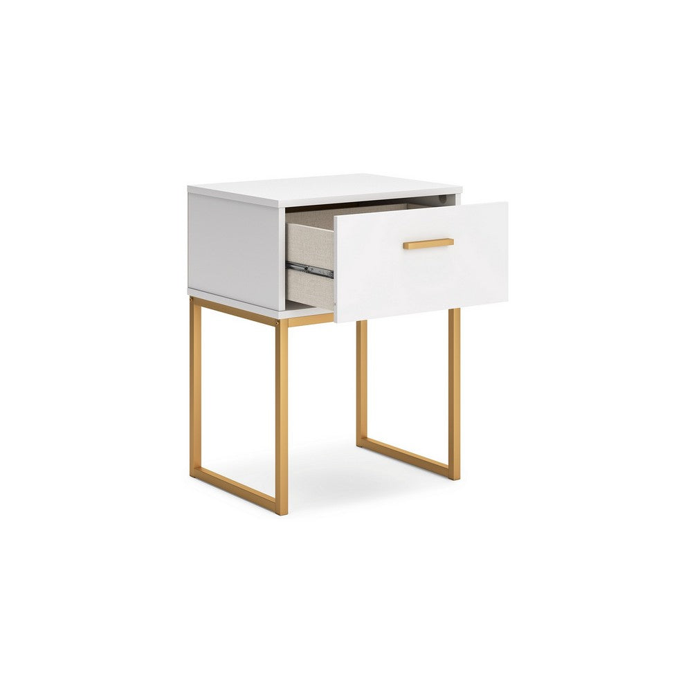 Benjara Alli Nightstand, 1 Drawer, Matte White Wood, Gold Metal Legs, 26 Inch