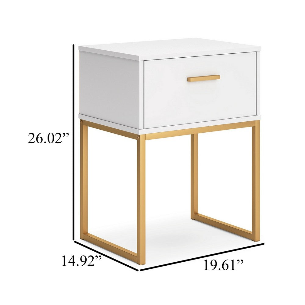 Benjara Alli Nightstand, 1 Drawer, Matte White Wood, Gold Metal Legs, 26 Inch
