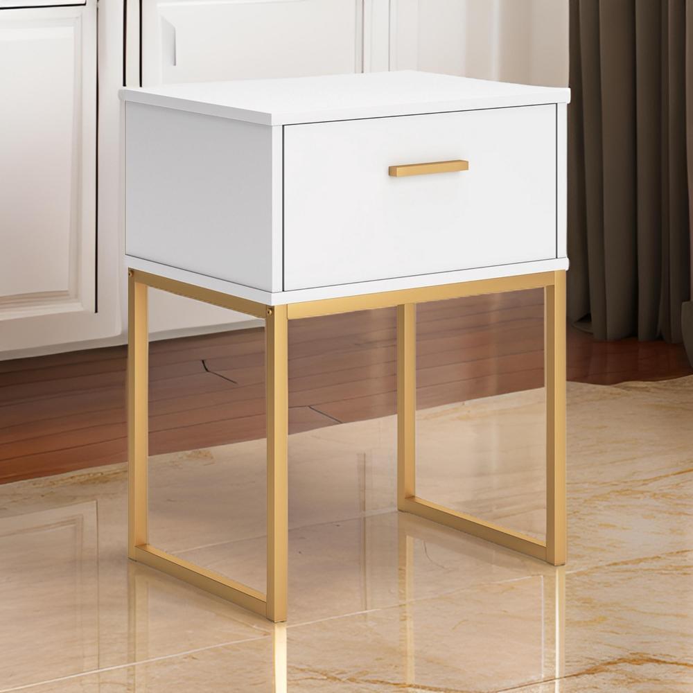 Benjara Alli Nightstand, 1 Drawer, Matte White Wood, Gold Metal Legs, 26 Inch