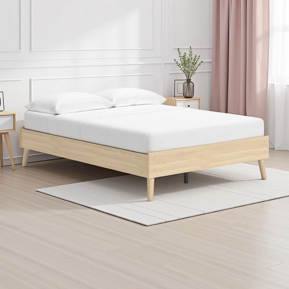Benjara Abis Full Platform Bed, Natural Brown Wood, Low Profile Tapered Legs