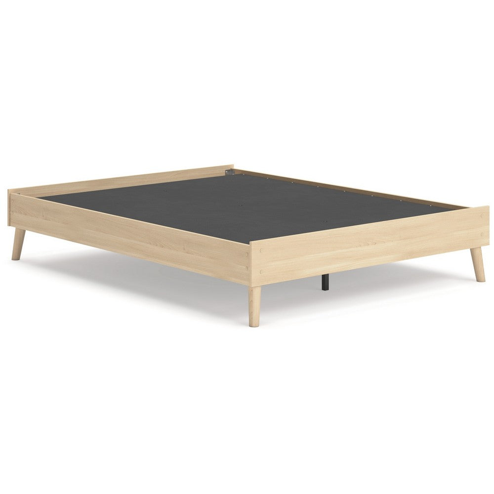 Benjara Abis Queen Platform Bed, Natural Brown Wood, Low Profile Tapered Legs