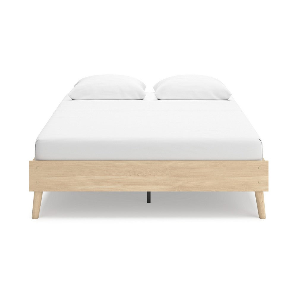 Benjara Abis Queen Platform Bed, Natural Brown Wood, Low Profile Tapered Legs