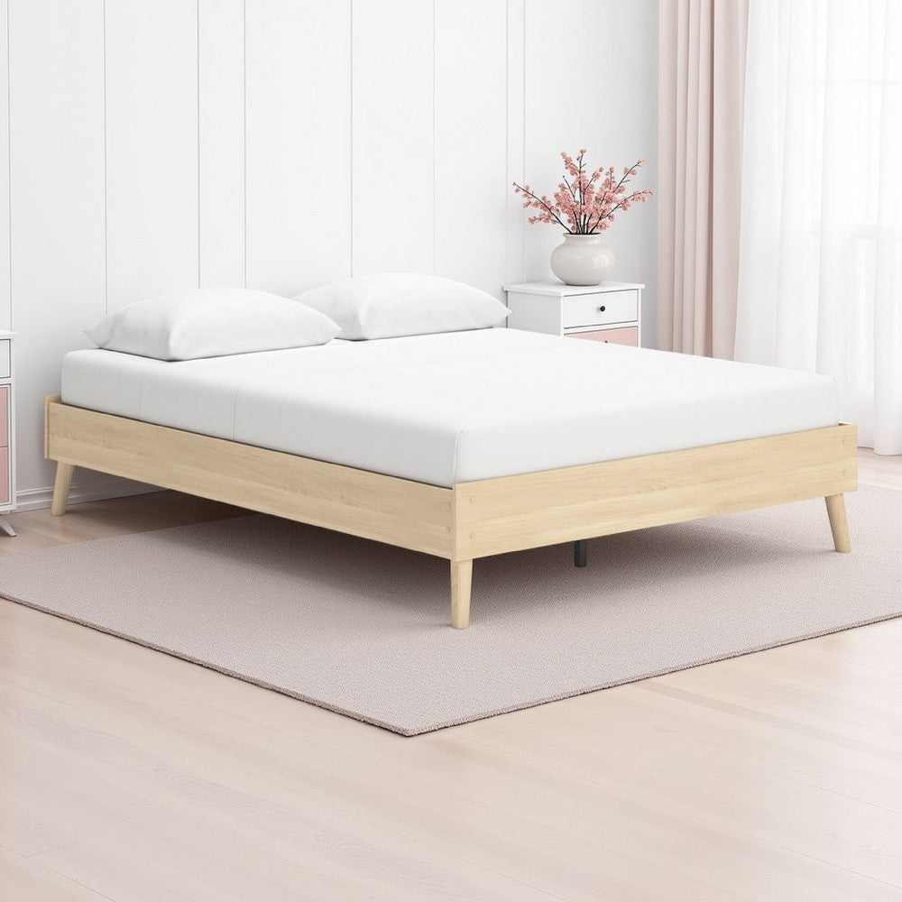 Benjara Abis Queen Platform Bed, Natural Brown Wood, Low Profile Tapered Legs