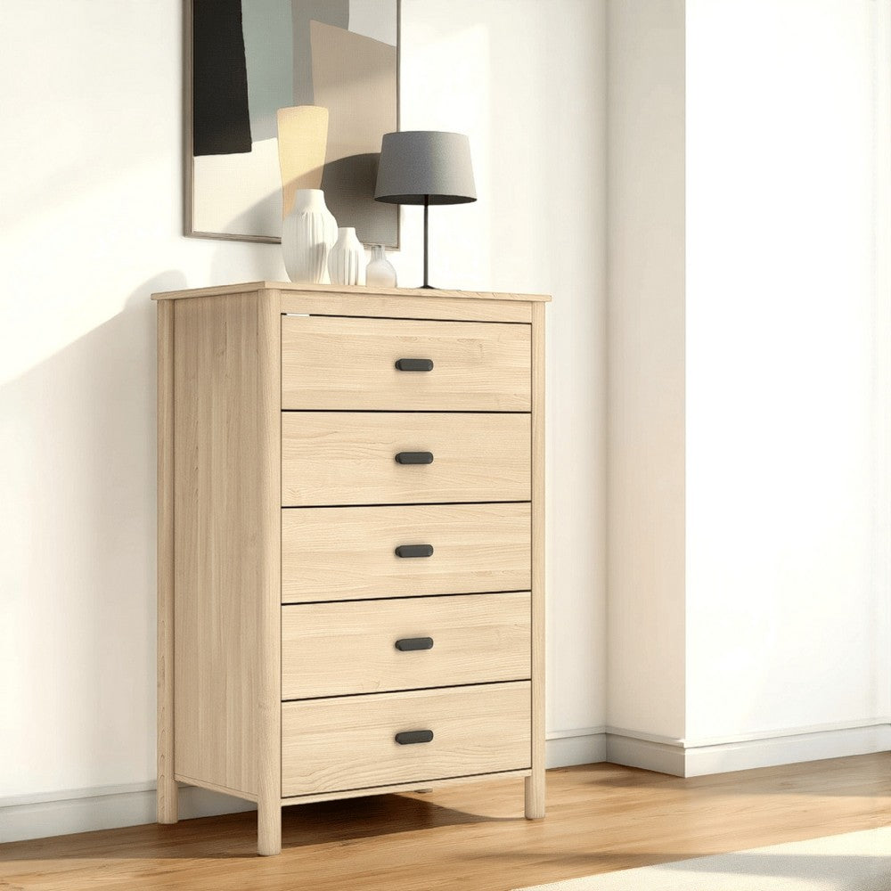 Benjara Abis Tall Dresser Chest, 5 Drawers, Natural Brown Wood, Black, 50 Inch