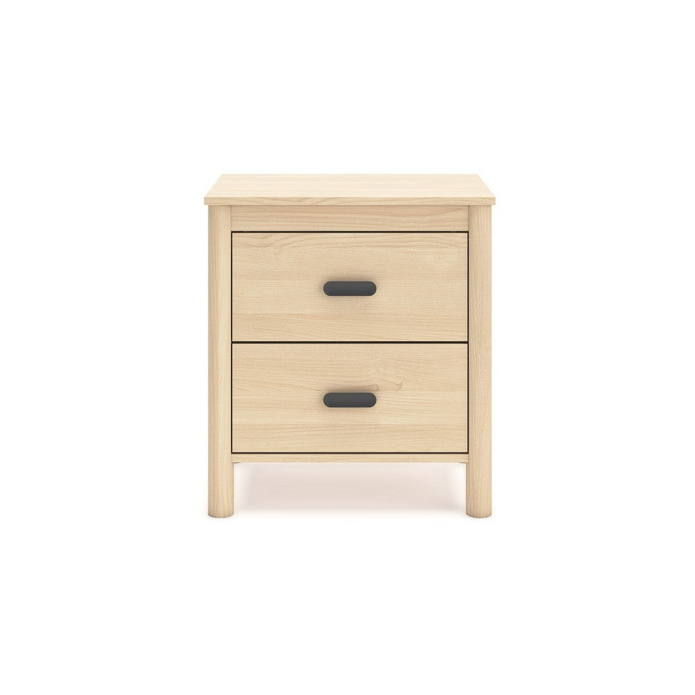 Benjara Abis Nightstand, 2 Drawers, Natural Brown Wood, Black Handles, 24 Inch