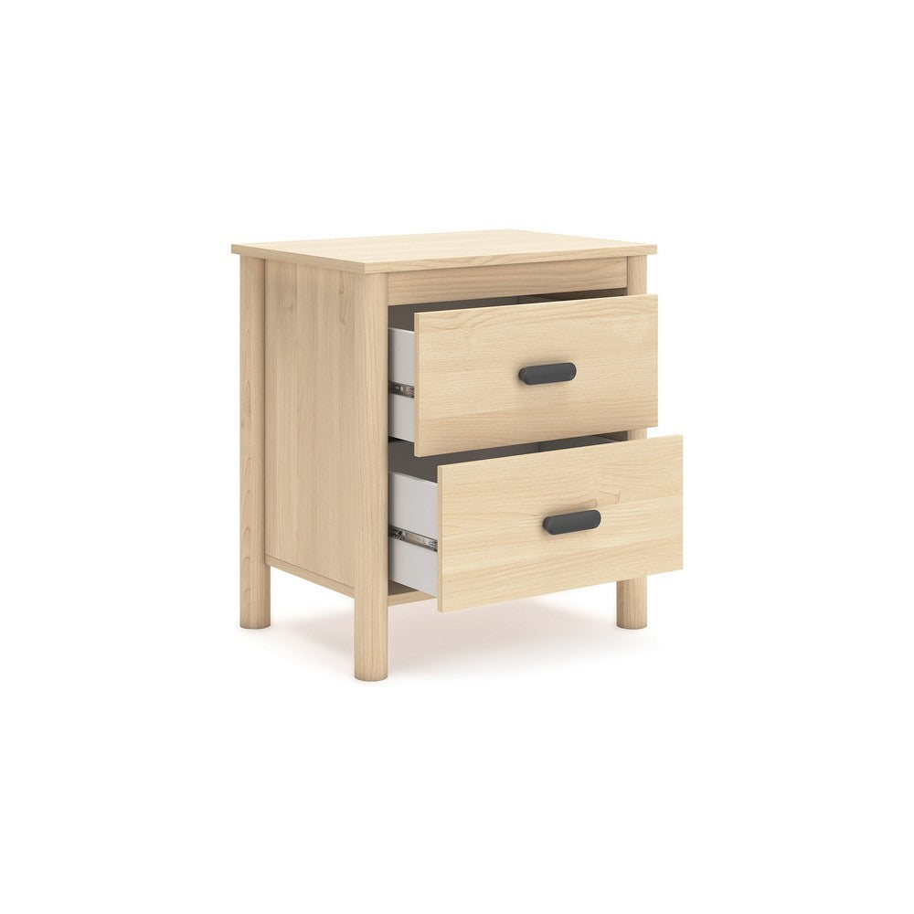 Benjara Abis Nightstand, 2 Drawers, Natural Brown Wood, Black Handles, 24 Inch