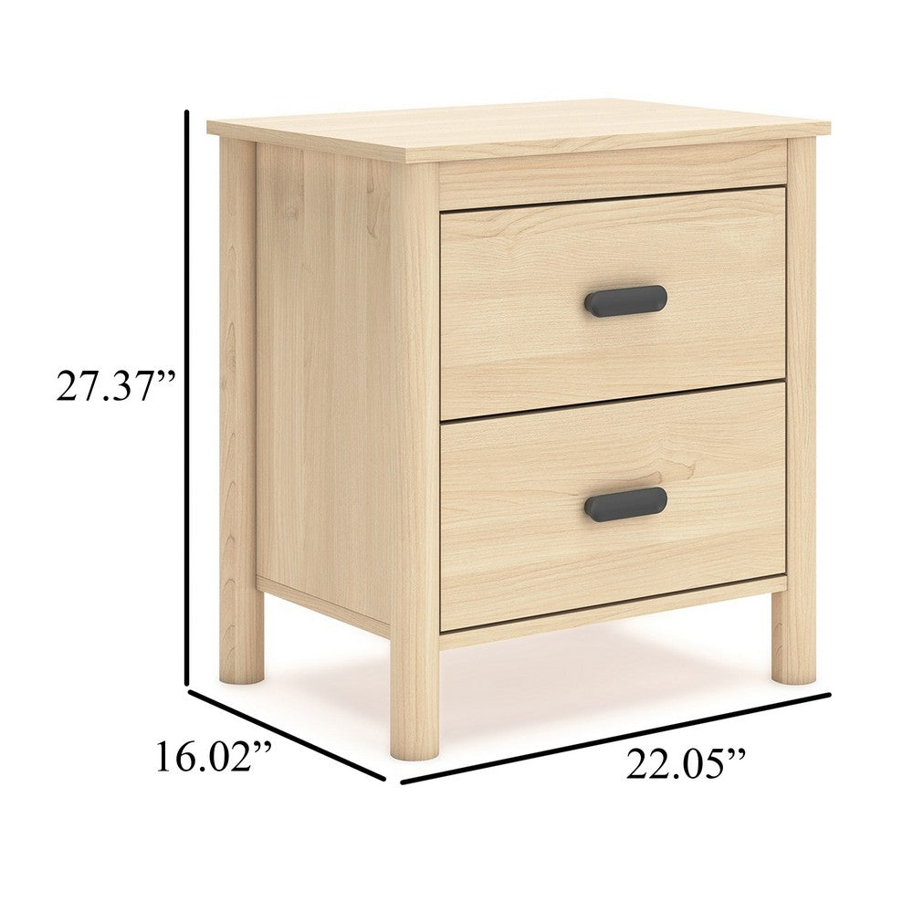 Benjara Abis Nightstand, 2 Drawers, Natural Brown Wood, Black Handles, 24 Inch