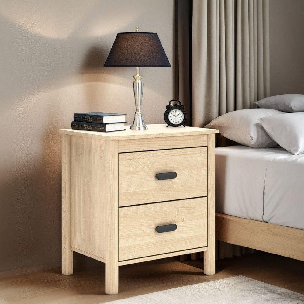 Benjara Abis Nightstand, 2 Drawers, Natural Brown Wood, Black Handles, 24 Inch