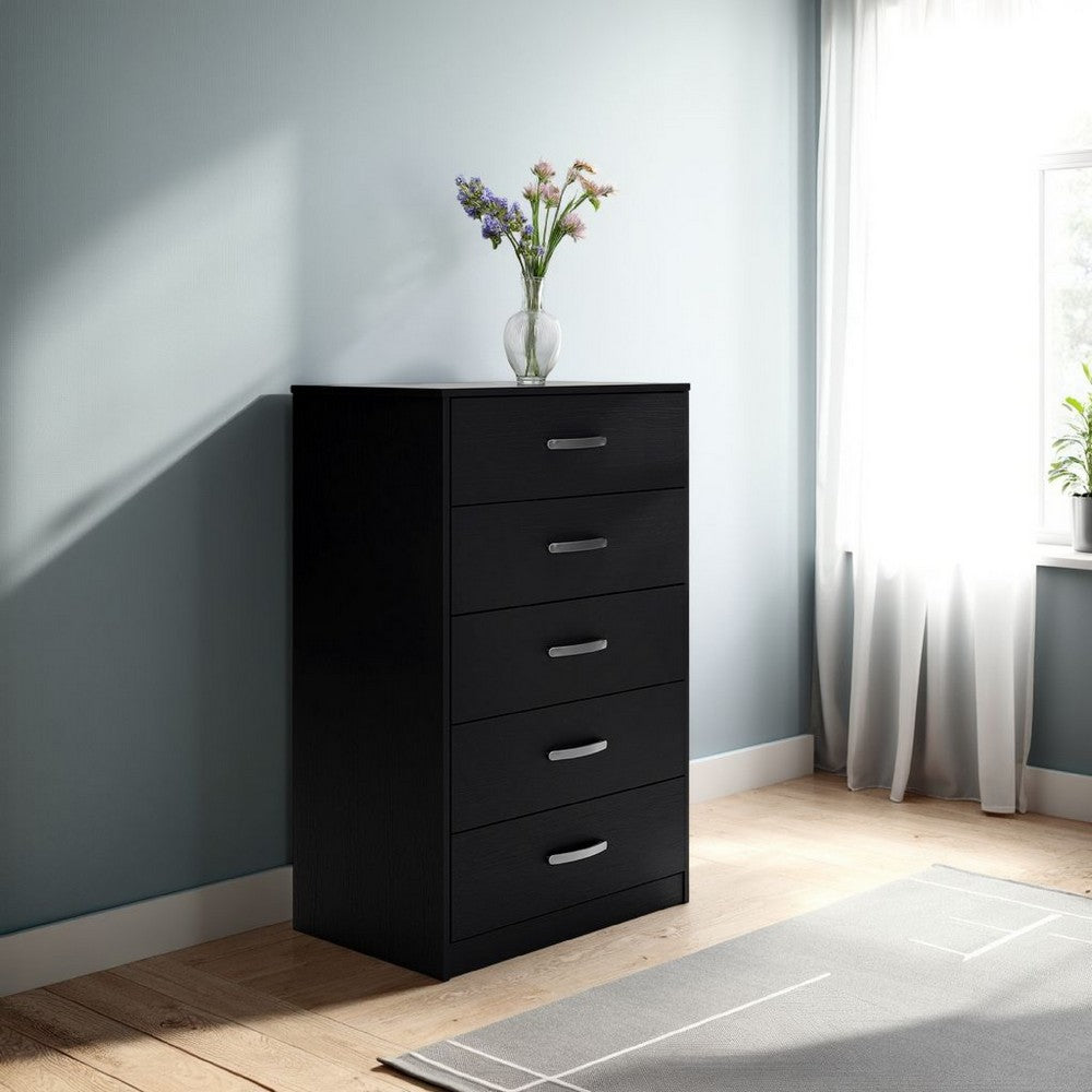 Benjara Finny Tall Dresser Chest, 5 Drawer, Matte Black, Silver Metal, 46 Inch