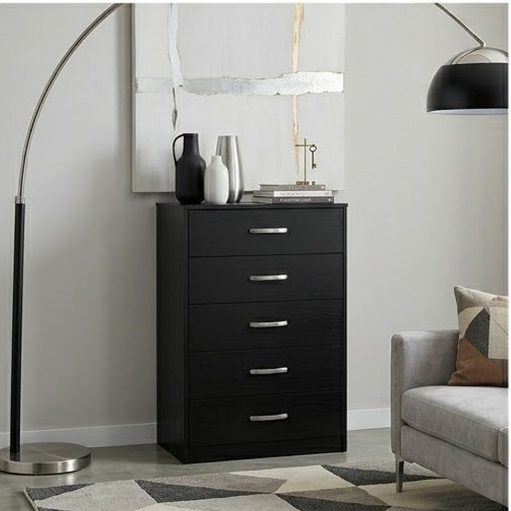 Benjara Finny Tall Dresser Chest, 5 Drawer, Matte Black, Silver Metal, 46 Inch