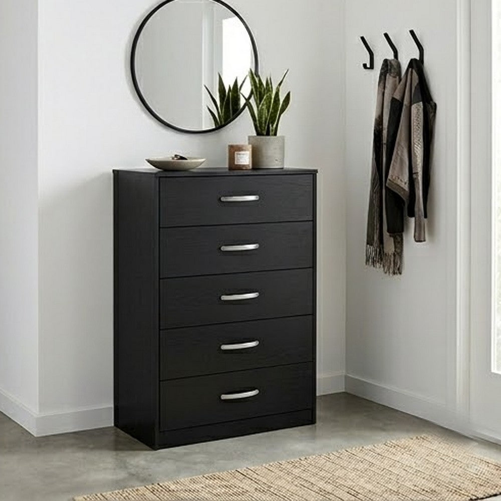 Benjara Finny Tall Dresser Chest, 5 Drawer, Matte Black, Silver Metal, 46 Inch