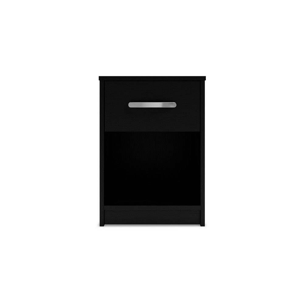 Benjara Finny Nightstand, 1 Drawer 1 Shelf, Matte Black, Silver Metal, 22 Inch