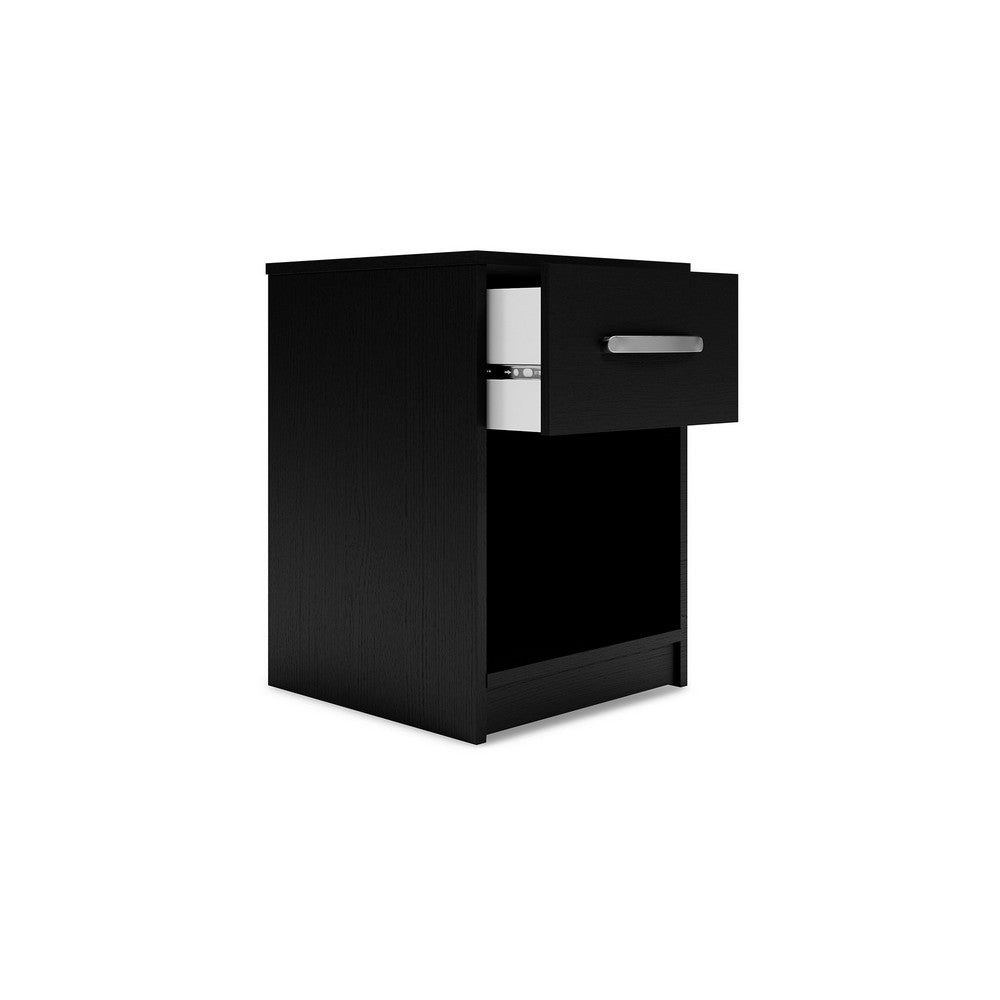 Benjara Finny Nightstand, 1 Drawer 1 Shelf, Matte Black, Silver Metal, 22 Inch